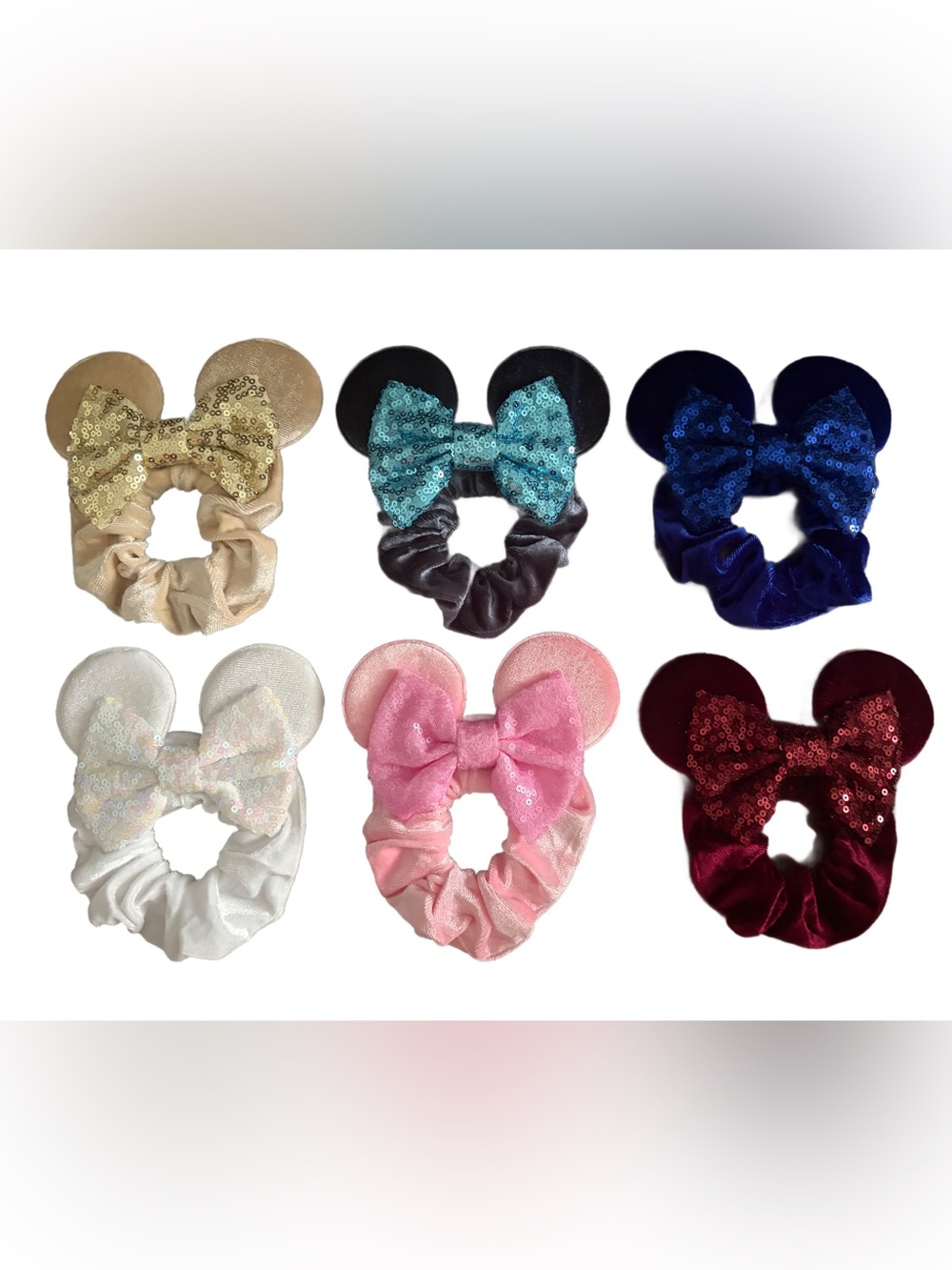 Handmade Disney Inspired Sequin Mouse Ear Scrunchie Hair Tie with Sequin Bow